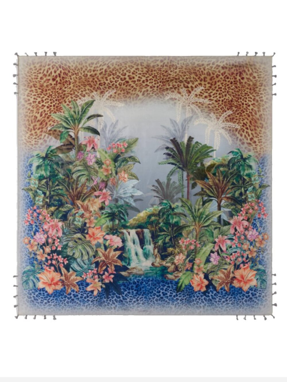 Johnny Was Meghann Silk Scarf Floral Square Large Flowers Tassels Green Blue NEW